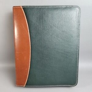 Vintage Franklin Quest Green Leather 7 Ring Binder Zip Close 10.5" Anline Trim